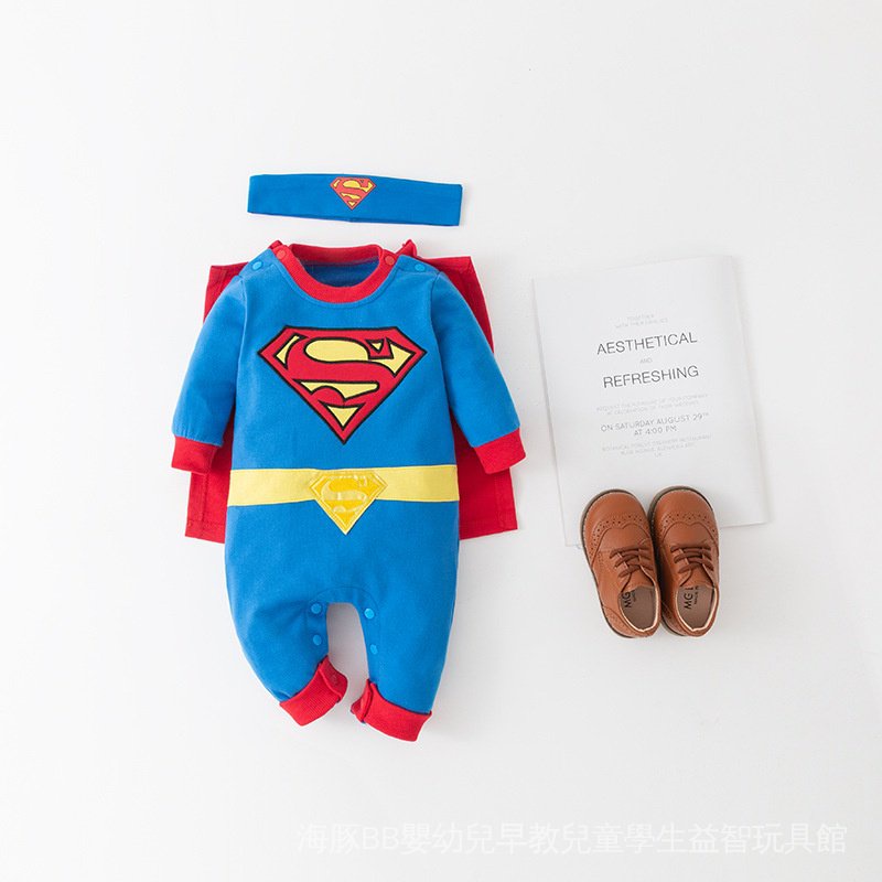 3FZN 秋款嬰幼兒童裝 男童經典超人長袖哈衣 卡通爬爬服帶披風寶寶生日禮物禮盒