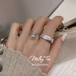 奶茶家 MilkyTea 日韓時尚風格雙層圓球吊墜設計女生戒指 復古潮流字母微笑臉開口指環嘻哈風格食指戒 277