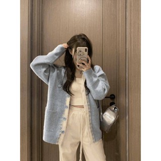 🌟Lovely愛出貨🌟 小香風藍色V領長袖毛衣女2024秋冬寬鬆慵懶風針織開衫外套中長款上衣