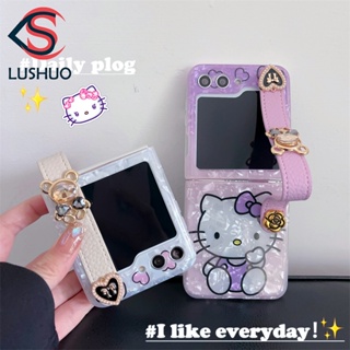 SAMSUNG Lushuo 手機殼適用於三星 Galaxy Z Flip 5 4 3 可愛貓咪後蓋帶腕帶,適用於 Z