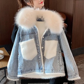 JH現貨 韓版加厚BF牛仔棉服外套女秋冬新款大尺碼寬鬆刷毛羔羊毛棉衣女襖潮