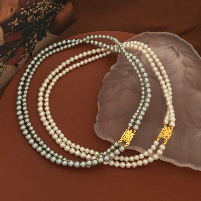 【Slow life】法式 復古雙排珍珠項鏈  氣質輕奢優雅頸鏈 vintage中古高級感鎖骨鏈