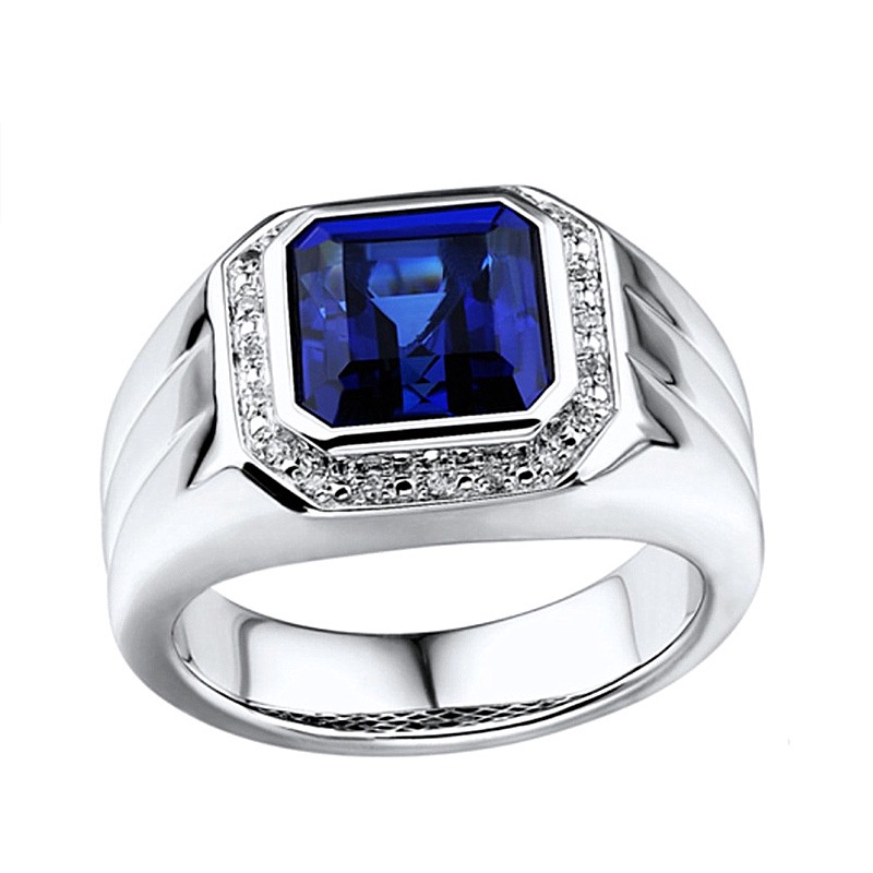 新款男戒指 熱賣碩大藍寶石正方鑽戒指豪華璀璨藍鑽鋯石鉑金寬版戒指