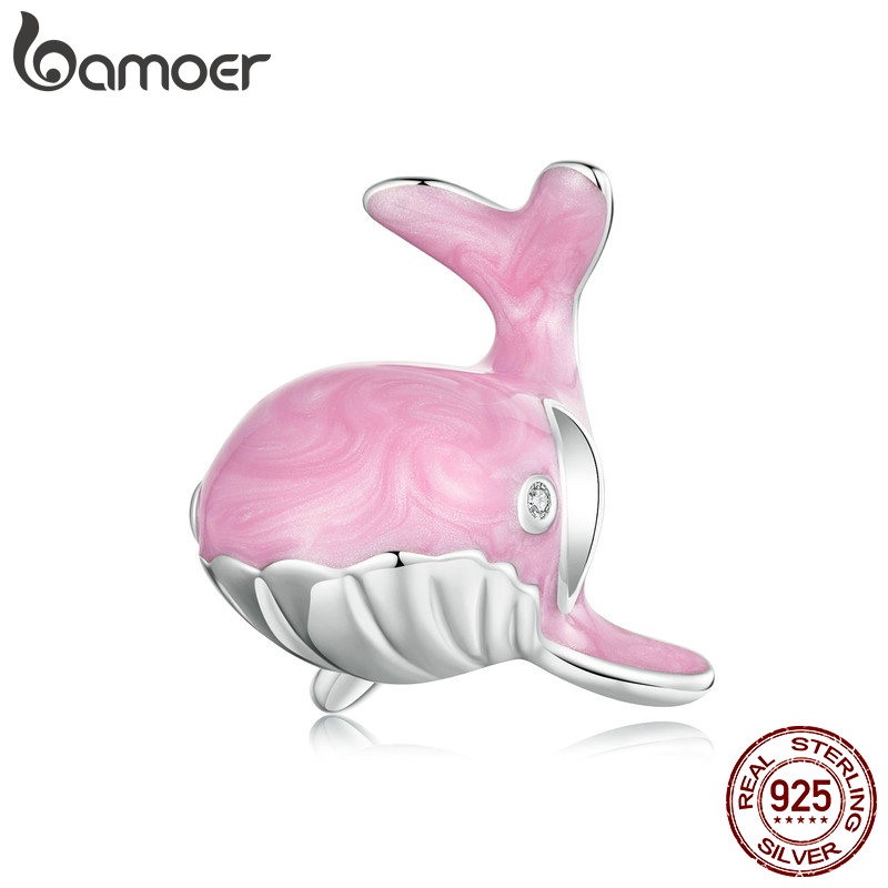 Bamoer 925 純銀魅力粉紅色鯨魚吊墜手鍊配件