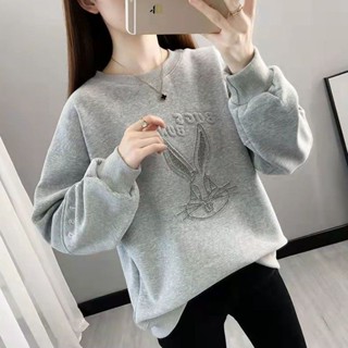 【DONCY】卡通兔子刺繡大學T女 衛衣女 春秋薄款/刷毛加厚長袖女 百搭 寬鬆 時尚鑲鑽長袖上衣 女裝