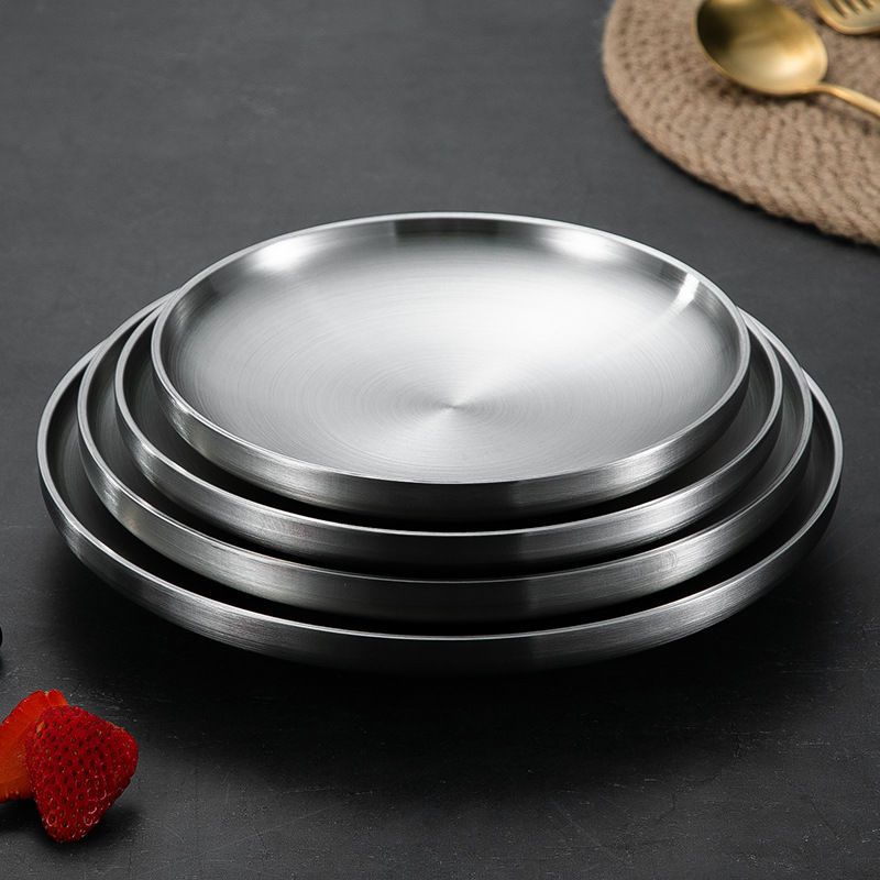 不鏽鋼碗碟 德國 304不銹鋼牛排餐盤食品級傢用雙層防燙菜碟加厚平底圓形盤子