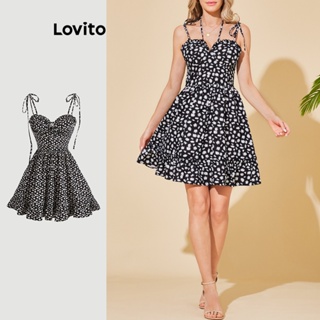 Lovito 女休閒小花木耳邊荷葉邊下擺結構線條洋裝 LBL06017 (黑色)