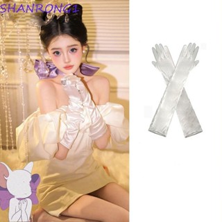SHANRONG1婚禮新娘手套,甜的優質的緞面長手套,氣質鬆緊帶白色的蕾絲長指手套宴會