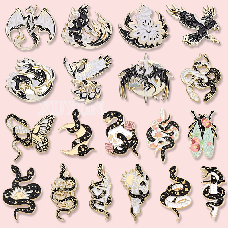 創意動物系列黑金蛇琺瑯翻領別針龍蟲動物金屬胸針朋克風徽章服飾配飾首飾禮品