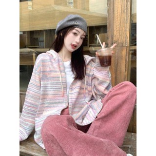 🌟Lovely愛出貨🌟 慵懶風彩虹條紋連帽毛衣女早秋新款韓系寬鬆百搭學生拉鍊針織外套
