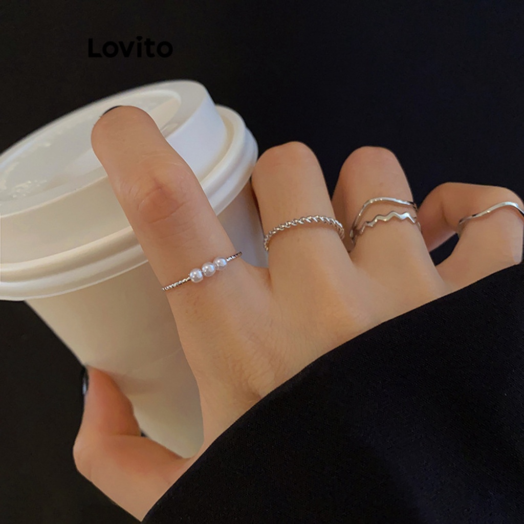 Lovito 女士休閒素色珍珠戒指 LFA05118 (金色/銀色)