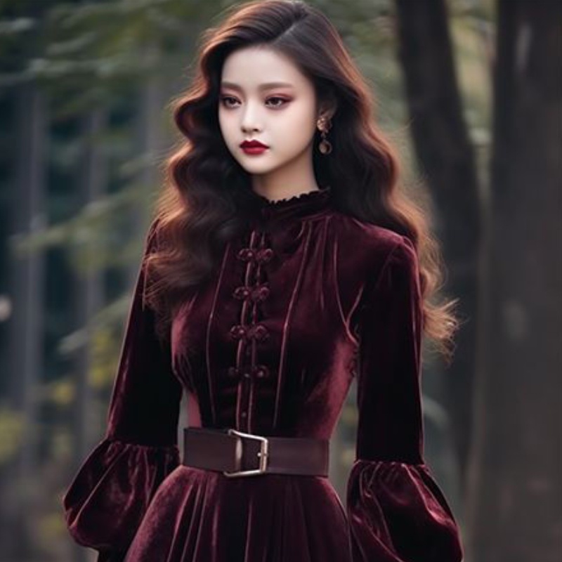 【寶梵花服飾】現貨新款新中式女裝國風禮服長裙裙裝秋冬氣質超好看小香風紫紅絲絨洋裝