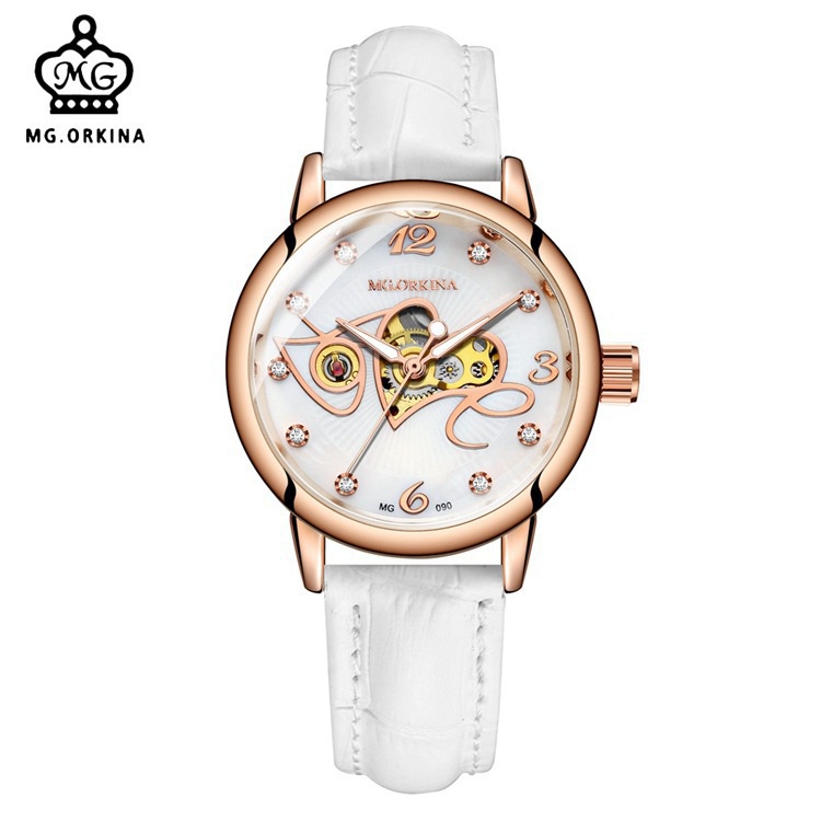 歐綺娜ORKINA機械錶皮帶網帶女款手錶 創意表盤心型女手錶MG090