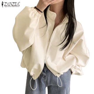 Zanzea 女式韓版時尚立領長袖落肩彈力寬鬆皮夾克