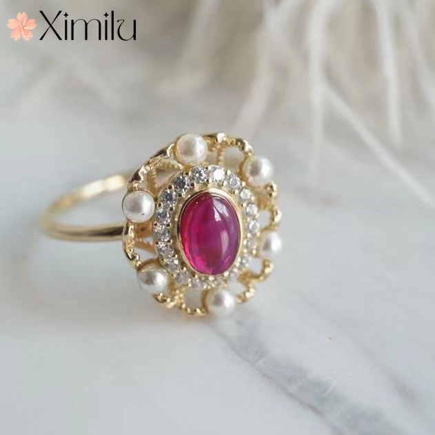 ❤ 原創熱賣紅玉髓花朵設計珍珠戒指女復古宮女飾品