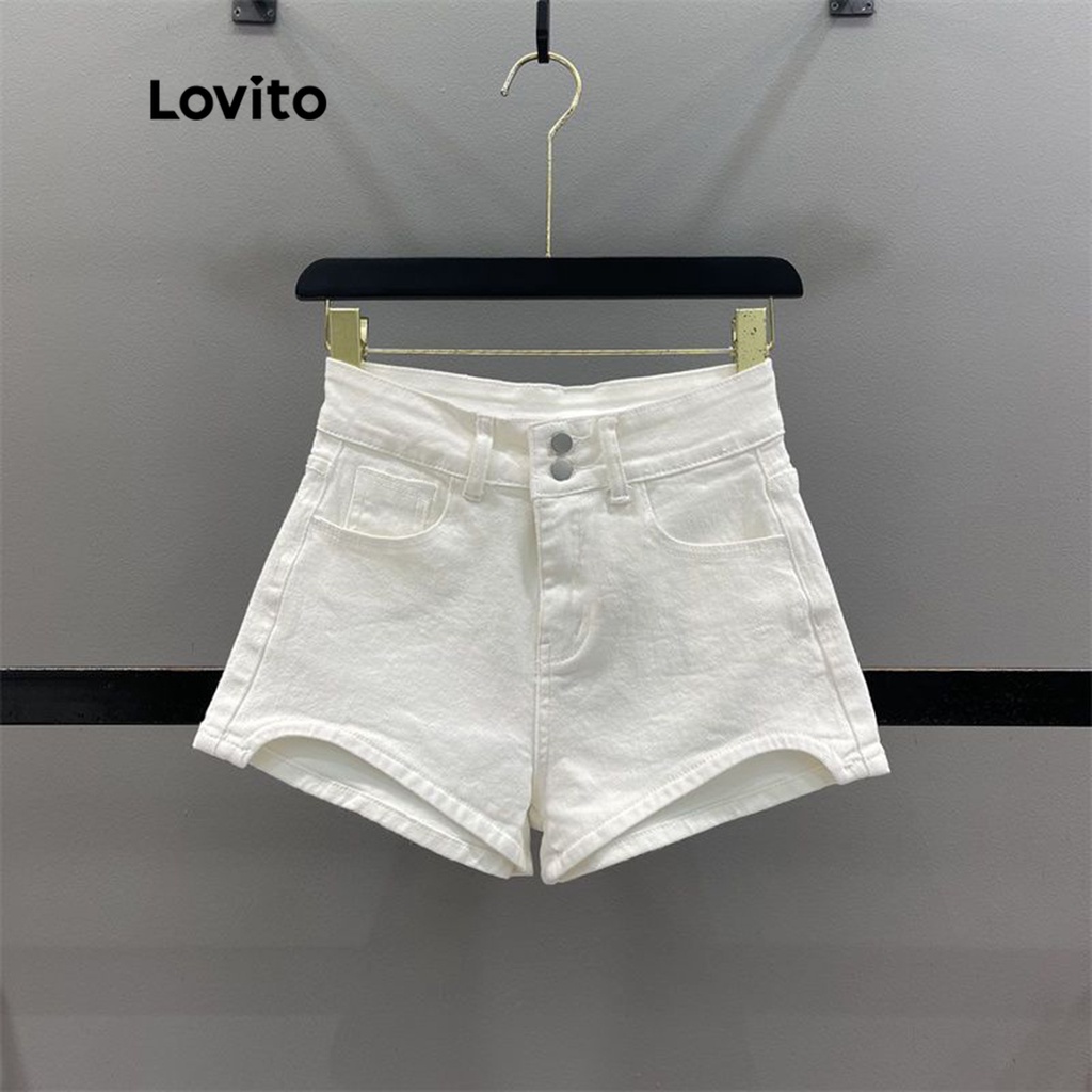 Lovito 女式休閒素色鈕扣高腰牛仔短褲 LNA14090 (白色)
