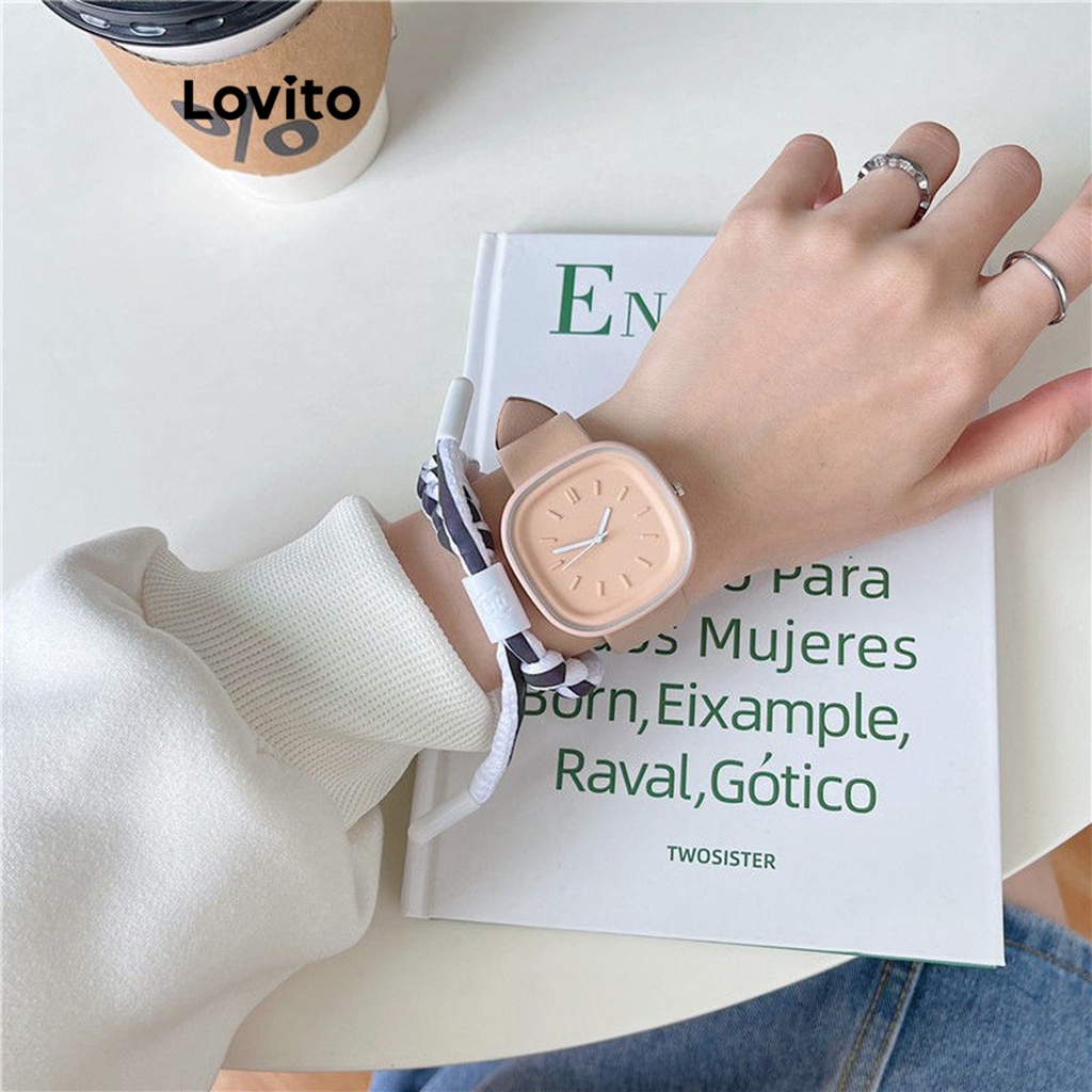 Lovito 休閒純色馬卡龍色方形錶盤學生手錶女款石英手錶 LFA13442