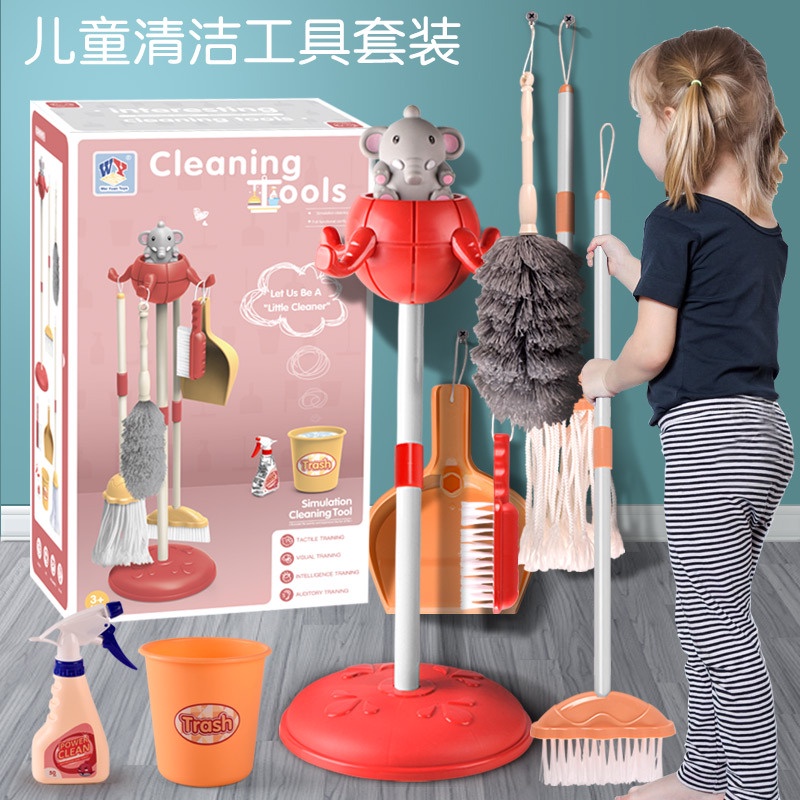 家用玩具   跨境兒童過家家仿真掃把打掃清潔工具女孩迷你拖把套裝掃地玩具