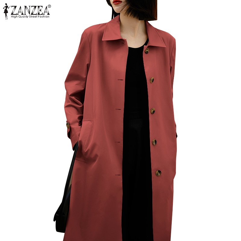 Zanzea 女式韓版長袖鈕扣口袋純色風衣