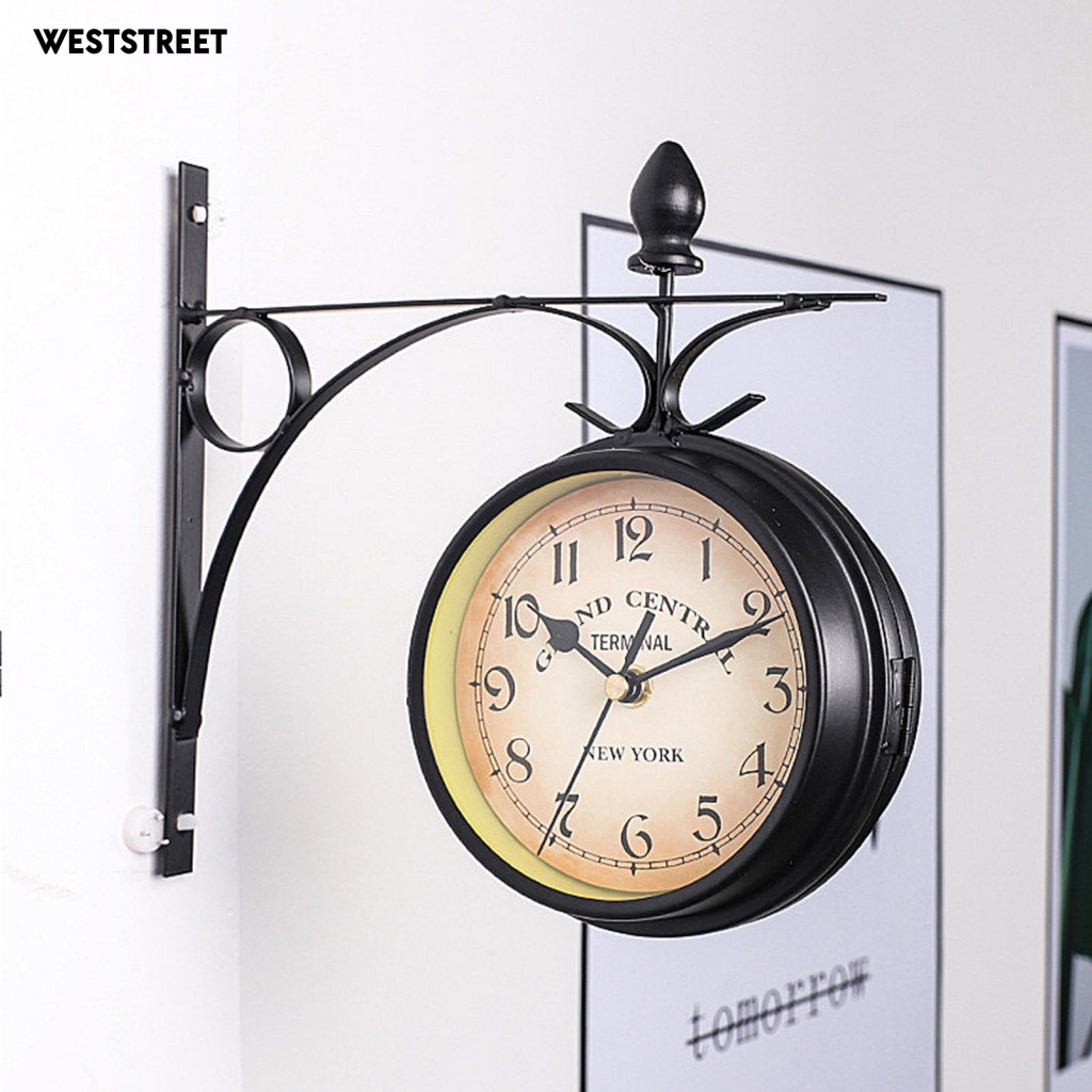 Weststreet 雙面掛鐘金屬掛鐘復古掛鐘帶鐵架電池供電室內數字模擬時鐘,適用於客廳臥室家居裝飾