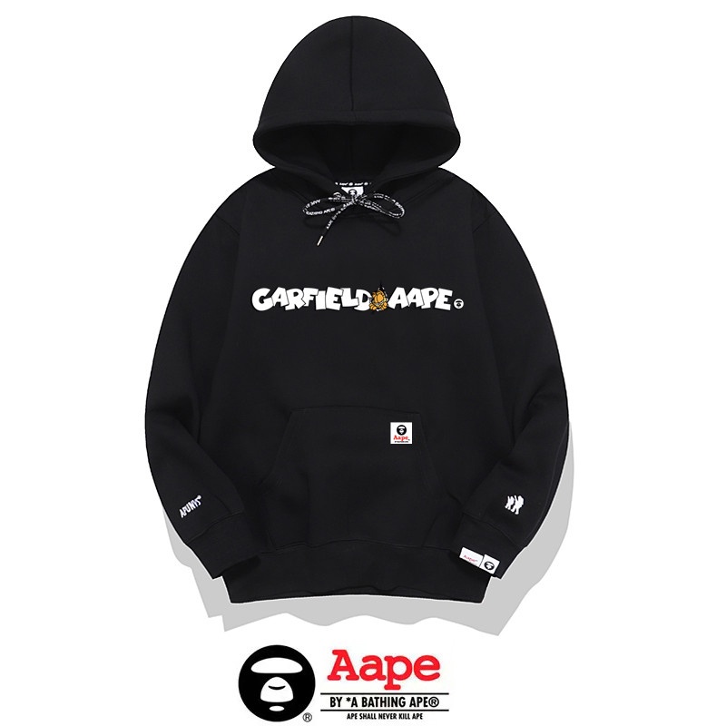 Aape BAPE 新品卡通簡約字母標誌印花黑色男士女士純棉毛圈材質超大連帽衫貼片吊牌帽子抽繩連帽經典保暖外套長袖