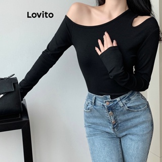 Lovito 女式休閒素色鏤空一肩基本款 T 恤 LNA21180 (白色/黑色)