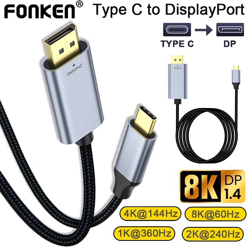 Fonken Usb C到Displayport電纜C型3.1到DP1.4轉換器電纜 8K 60Hz雷電線適用於C型設備