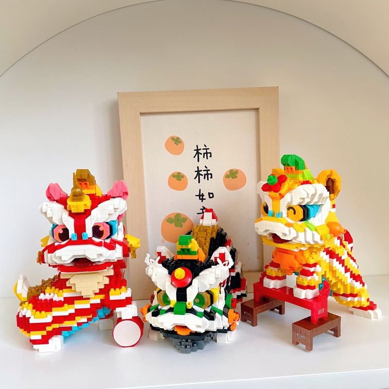 新年國潮醒獅虎兼容樂高微型小顆粒益智拼裝積木玩具舞獅春節禮物