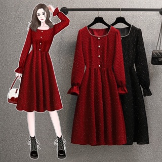 L~4XL 中大尺碼女裝 法式復古赫本風酒紅色洋裝 禮服洋裝 紅色洋裝 氣質洋裝 喇叭袖洋裝 大尺碼洋裝 遮肉洋裝 長洋