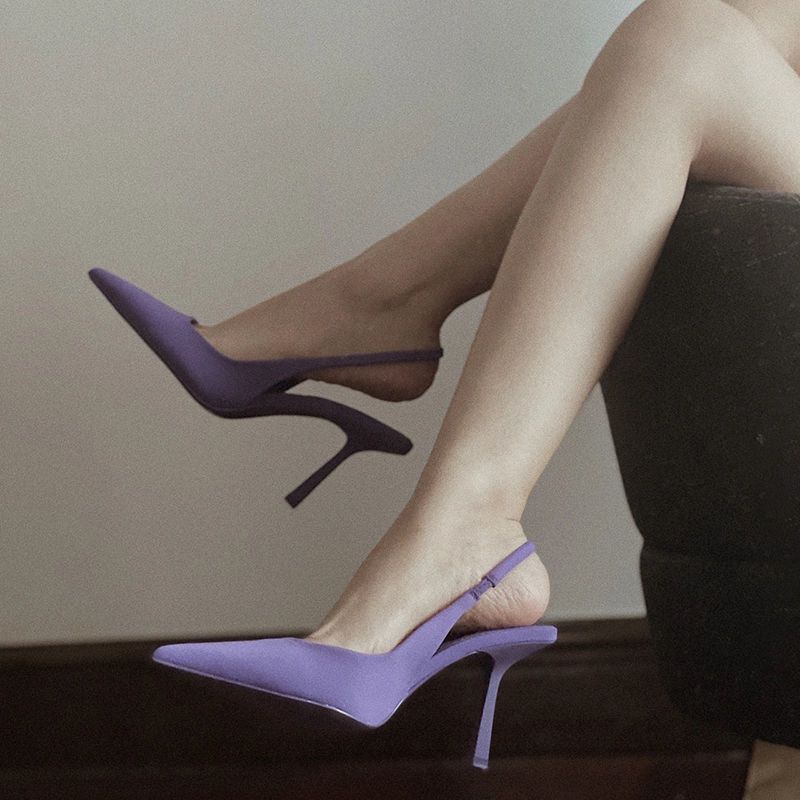 2024春夏新紫色涼鞋女性感簡約尖頭後空細跟涼鞋氣質仙女風高跟鞋
