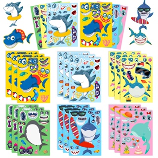 6pcs/包 酷鯊魚換臉貼紙 DIY貼紙 玩具拼圖貼 卡通貼紙 兒童塗鴉