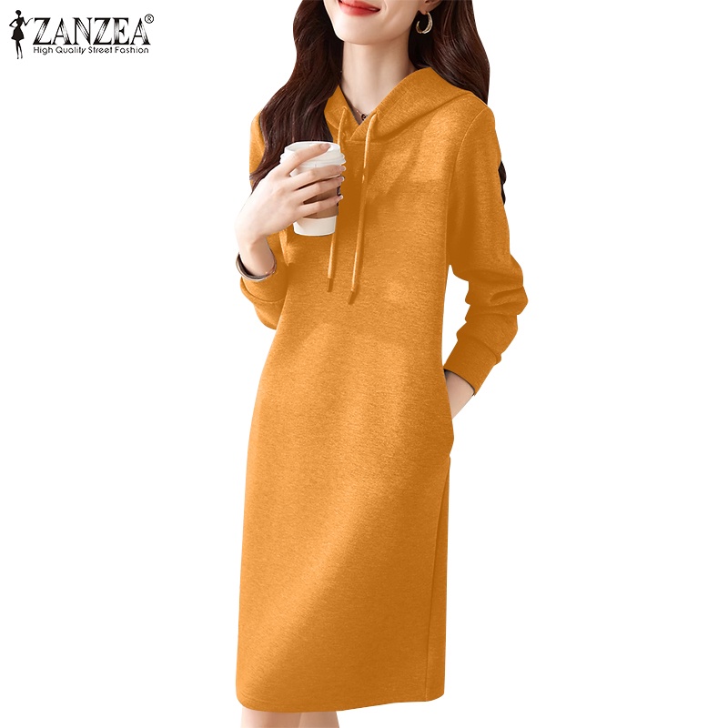 Zanzea 女式韓版休閒 V 領長袖口袋時尚連衣裙
