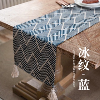 日式幾何圖案桌子長條布裝飾棉麻提花邊櫃蓋巾帶流蘇餐桌桌旗