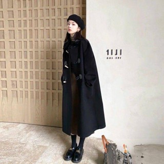 【隨機送贈品】 黑色牛角扣大衣女中長款加厚秋冬2023年新款韓系羊角呢子毛呢外套