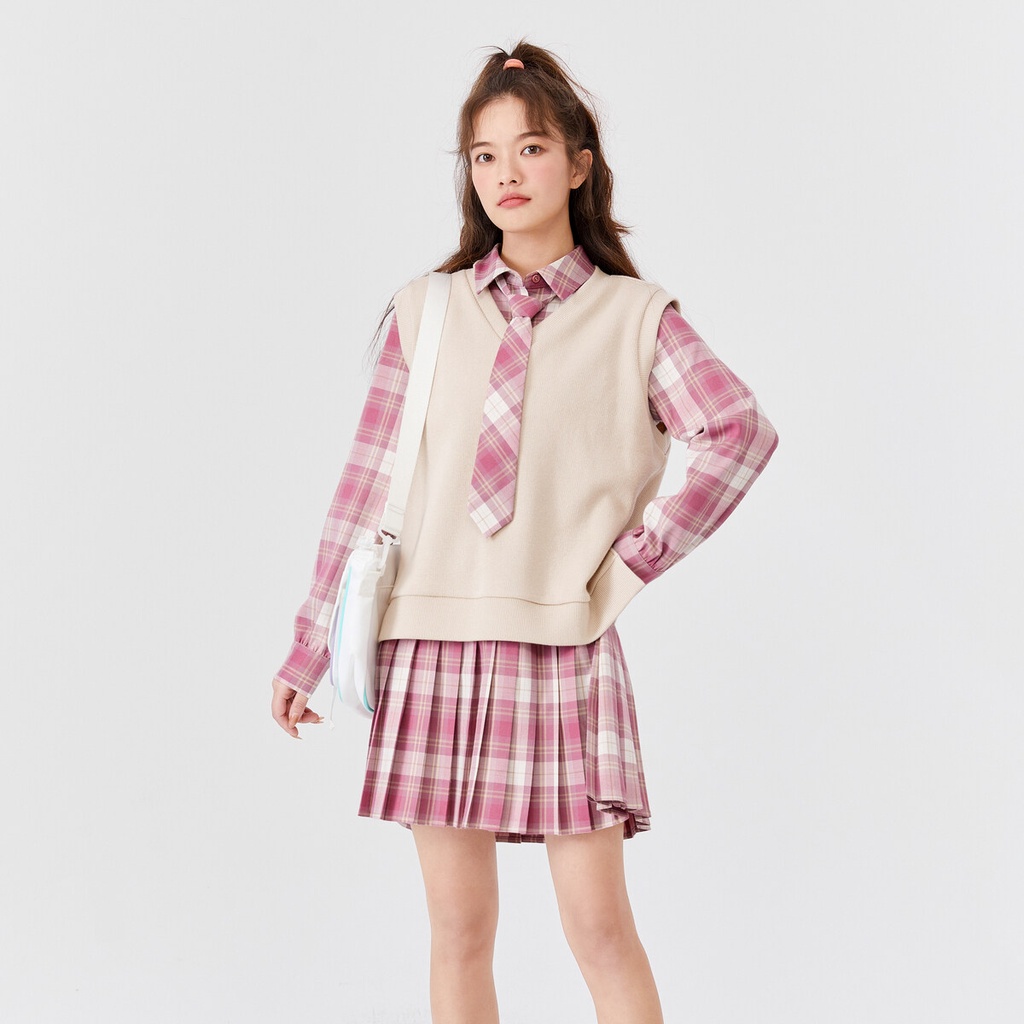 森馬西裝女學院風2023早秋新款日系女格子連衣裙純色背心兩件套