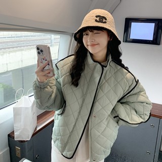 【🎀可可家】法式氣質菱格棉服女2025冬季小眾高階感撞色寬鬆夾棉加厚開衫外套