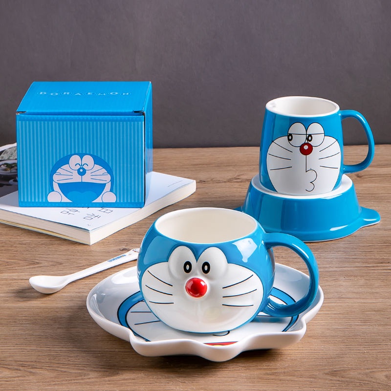哆啦A夢水杯可愛網紅水杯帶蓋帶勺卡通叮噹貓陶瓷杯子
