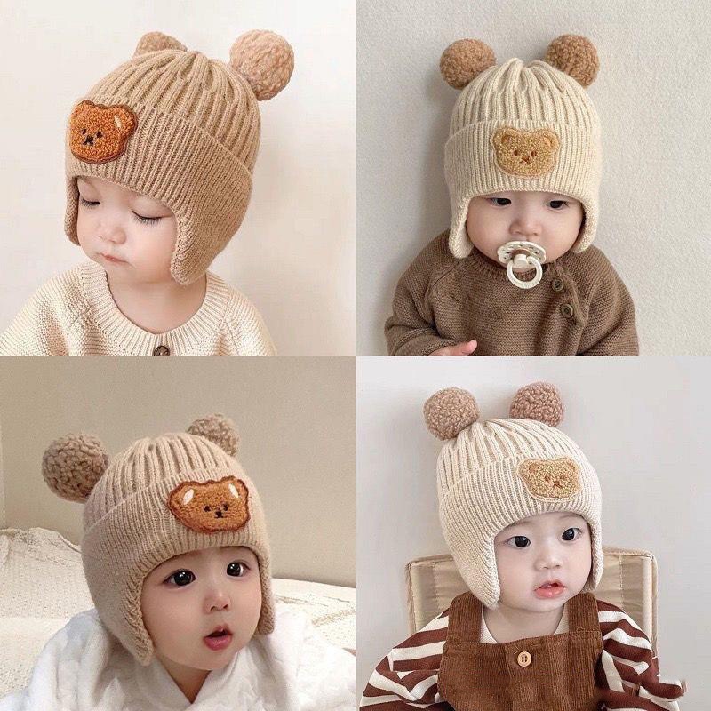 寶寶羊毛帽兒童男孩女孩卡通毛絨小熊針織帽保暖加厚護耳帽寶寶鉤針帽子