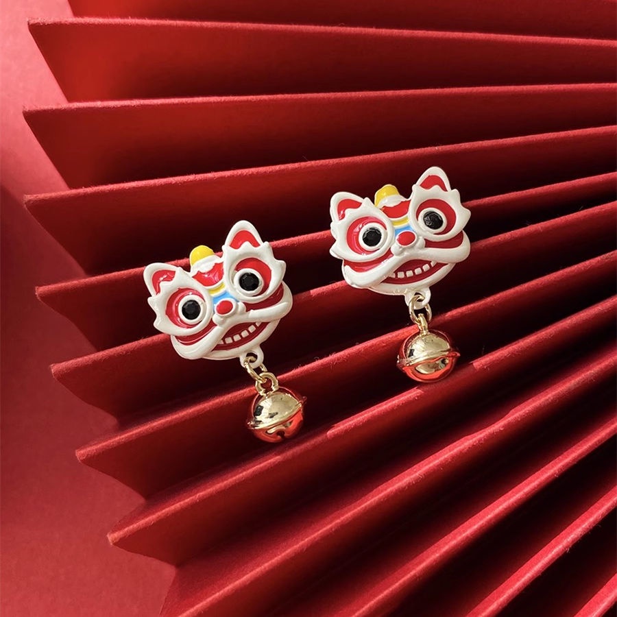紅色小獅子鈴鐺耳環甜美過年喜慶2024新中式國風耳環新年款耳飾女