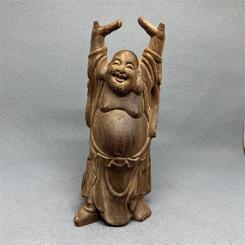 越南沉香木雕託天彌勒佛佛像實木頂天立地笑佛家居客廳裝飾品擺件