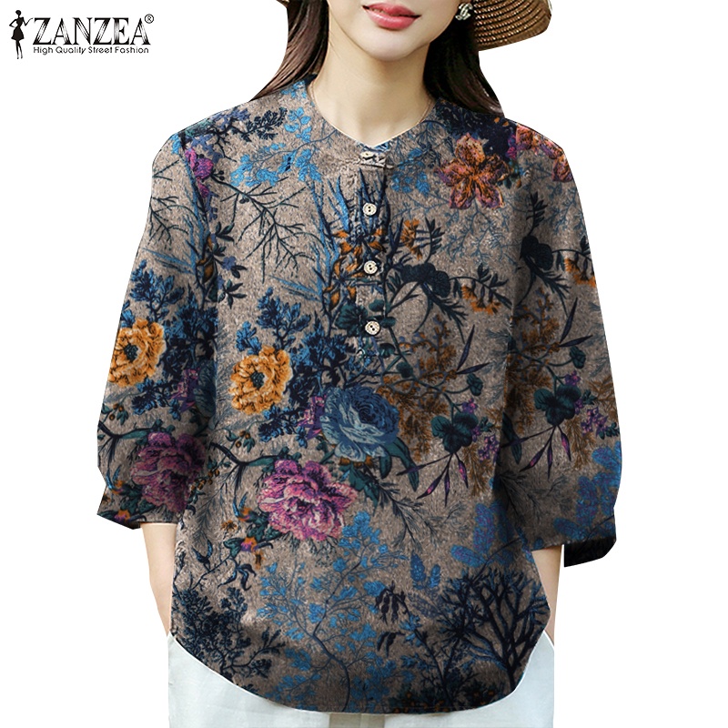 Zanzea 女式韓版日常休閒花卉印花 O 領三分袖襯衫