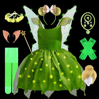兒童小叮噹服裝點亮 Led 公主裙女孩角色扮演綠花仙子嘉年華聖誕節生日派對禮服