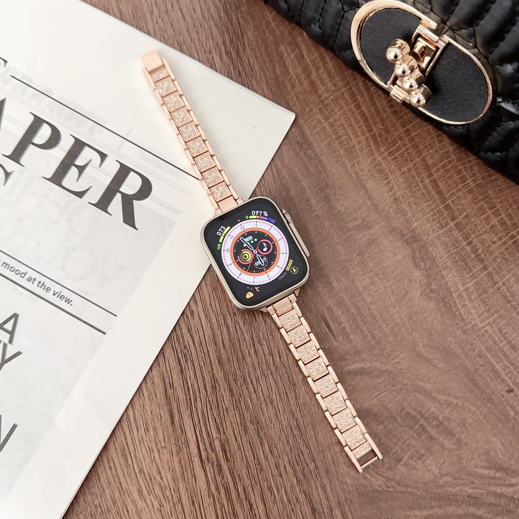 適用於Apple Watch 1-8代 SE Ultra錶帶 小三珠滿鑽金屬錶帶 新款時尚錶帶