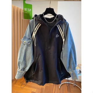 【lucky女裝】歐貨大尺碼300斤牛仔拼接半拉鍊連帽大學T女春秋季大版胖mm上衣240