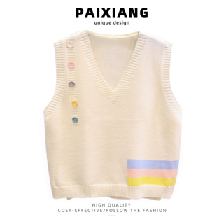 Paixiang/彩色鈕扣 V 領針織背心女式上衣