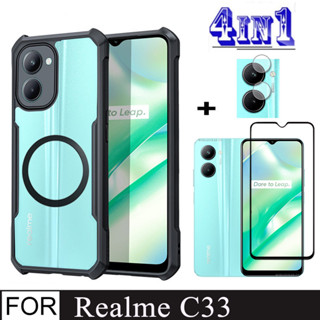 Realme C33 防震手機殼適用於 Realme C35 C30 4 合 1 鋼化玻璃螢幕保護膜和帶磁性無線充電貼紙