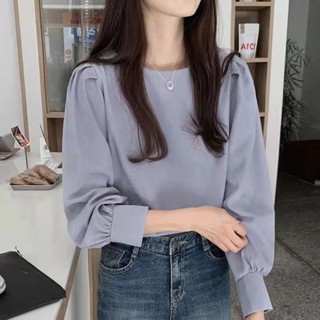 S-3XL 大尺碼上衣 長袖上衣 泡泡袖襯衫女 韓版上衣 復古韓版Chic寬鬆百搭圓領泡泡袖襯衫女洋氣長袖上衣