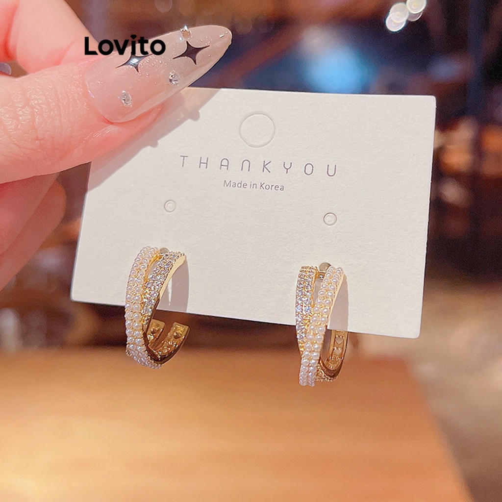 Lovito 女士休閒素色水鑽耳環 LFA01133 (金色)