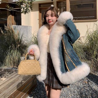 【隨機送贈品】 歐貨高階牛仔派克服外套女2023冬季新款仿狐狸毛白鵝絨皮草羽絨服