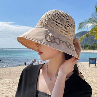 韓版女士夏季字母繡花針織鏤空蝴蝶結漁夫帽戶外遮陽防晒太陽帽子